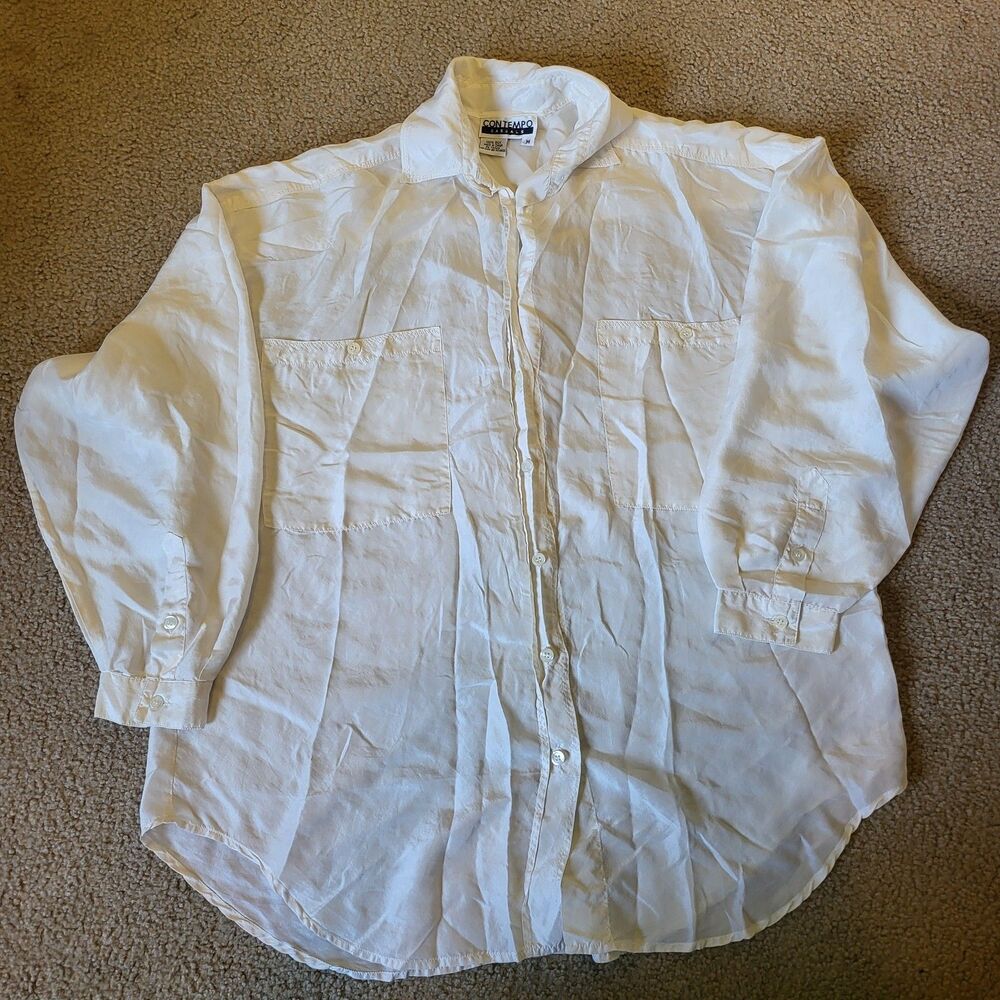 Contempo Casuals Y2K Vintage Cream Silk Long-sleeve Button-down Shirt Size M